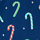 Blue background with scattered candy canes in green, blue, and red stripes