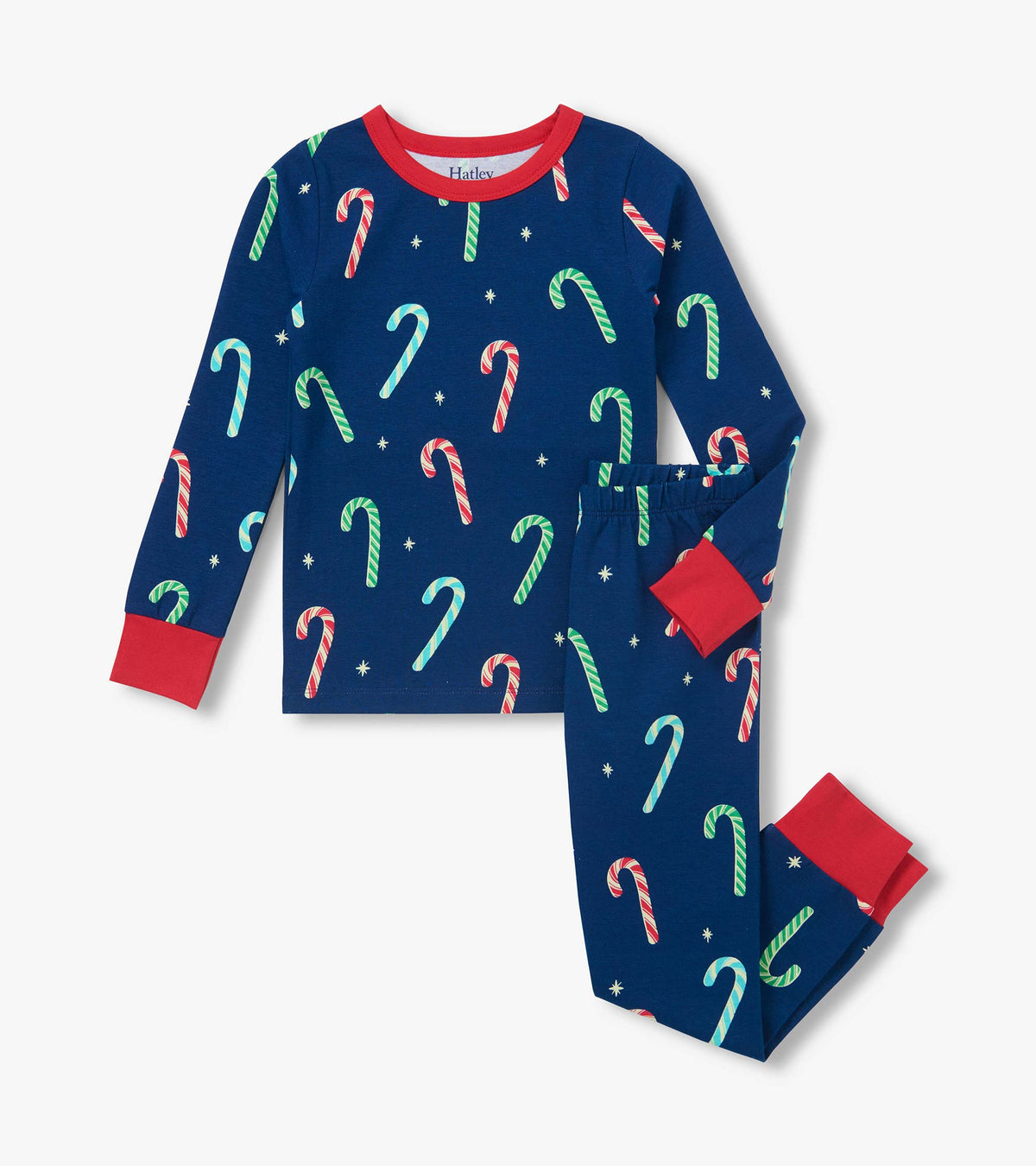 Blue boys pajama set with multicolor candy cane print, red collar, and red cuffs on sleeves and ankles