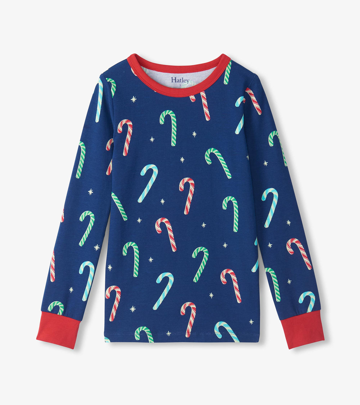 Blue long sleeve pajama top with red collar and cuffs, covered in red, green, and light blue candy canes