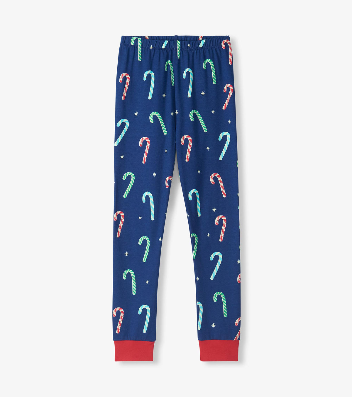 Blue pajama pants with red ankle cuffs and allover red, green, and light blue candy cane print