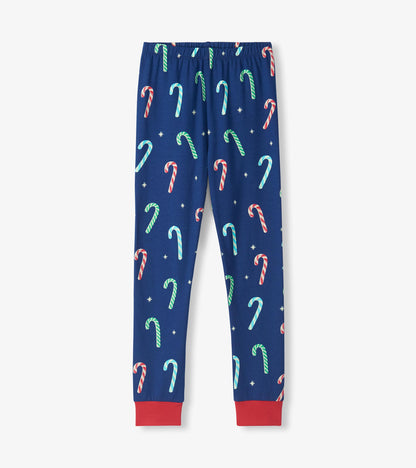 Blue pajama pants with red ankle cuffs and allover red, green, and light blue candy cane print
