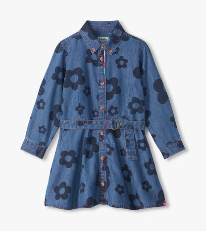 Robe en denim à grandes fleurs évasée à ceinture – Filles