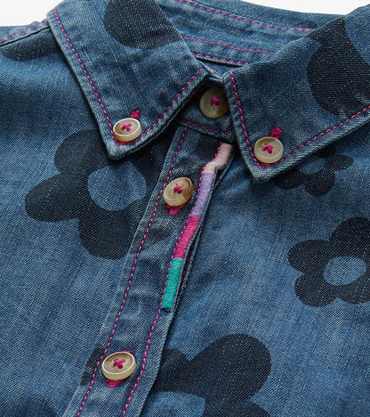 Robe en denim à grandes fleurs évasée à ceinture – Filles