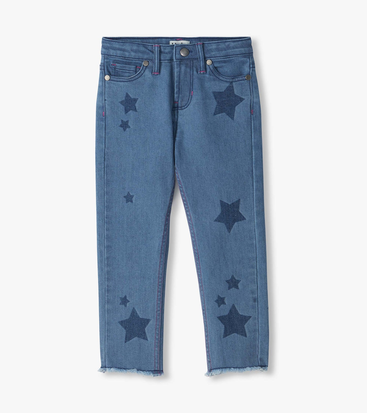Front view of blue slouchy jeans with dark star print, five pockets, and frayed hems