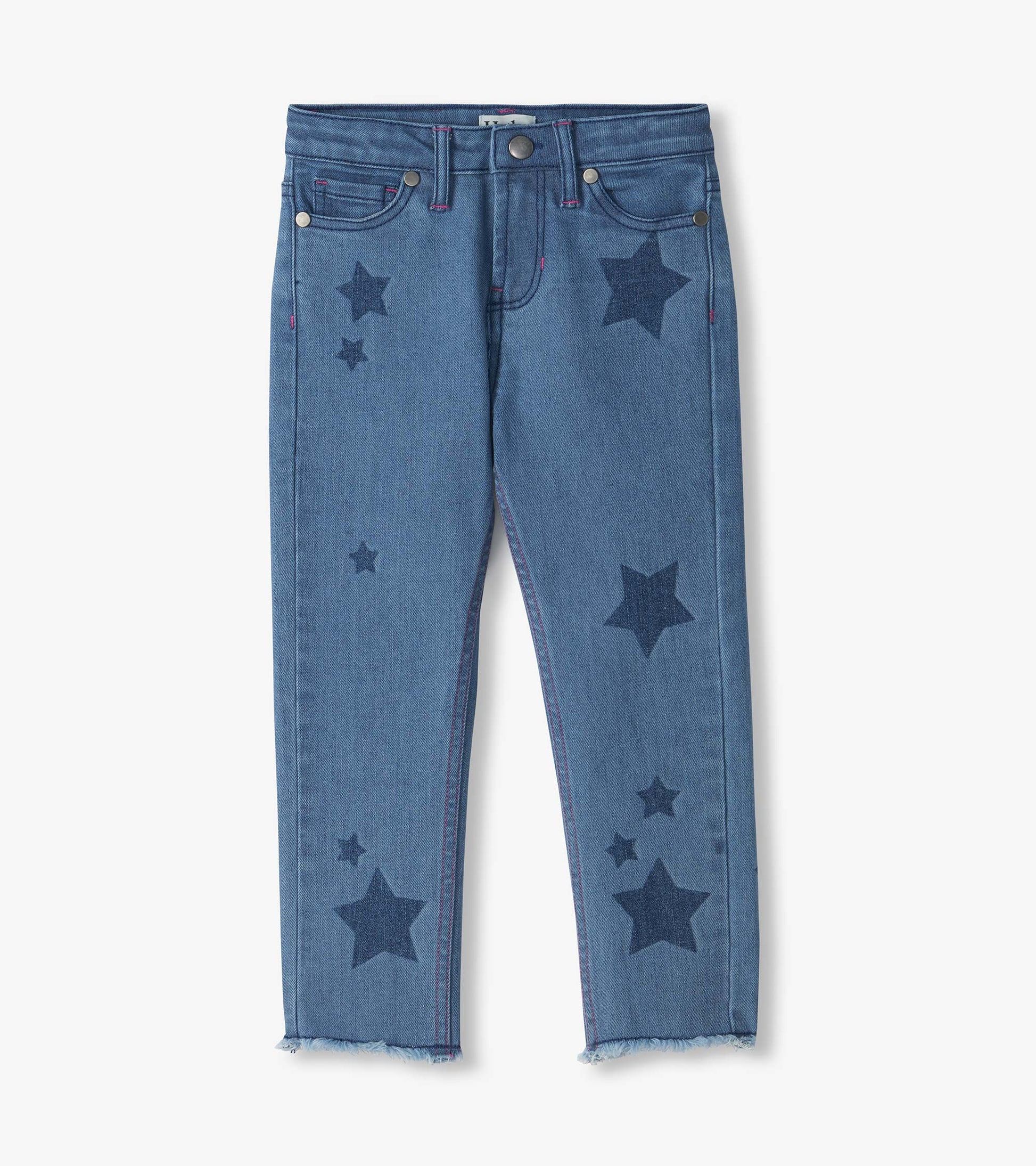 Front view of blue slouchy jeans with dark star print, five pockets, and frayed hems