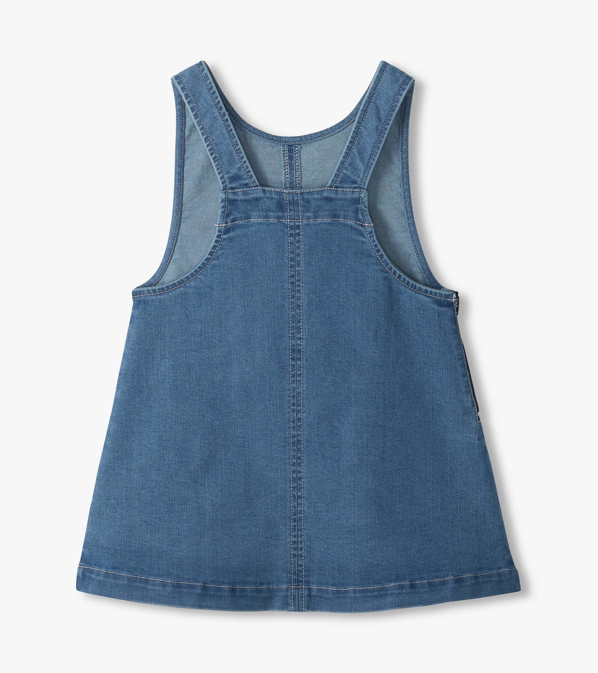 Back view of blue pinafore dress with racerback straps, center seam and side zipper detail
