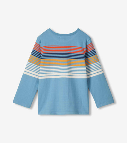 Back of boys blue long-sleeve T-shirt with multicolor stripes across the upper back and sleeves