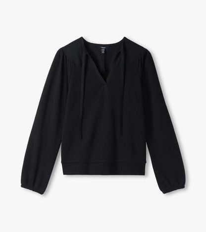 Black Mix Match Top laid flat with V-neck tie detail, gathered shoulders, long sleeves and banded hem