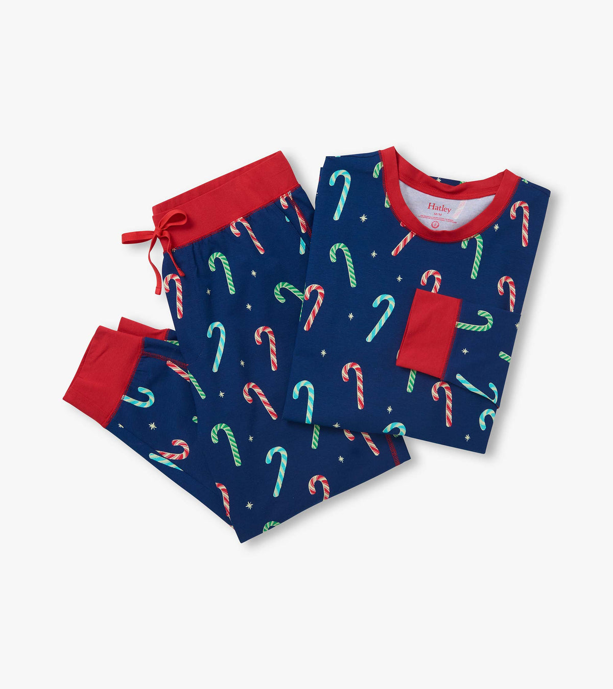 Blue pajama set with red trim, candy cane print, long sleeve top, and drawstring pants