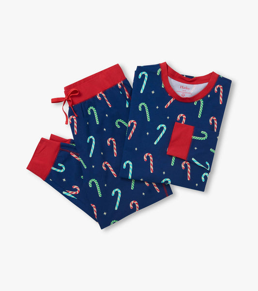 Blue pajama set with red trim, candy cane print, long sleeve top, and drawstring pants