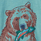 Illustrated brown bear head on a teal background with diagonal stripes