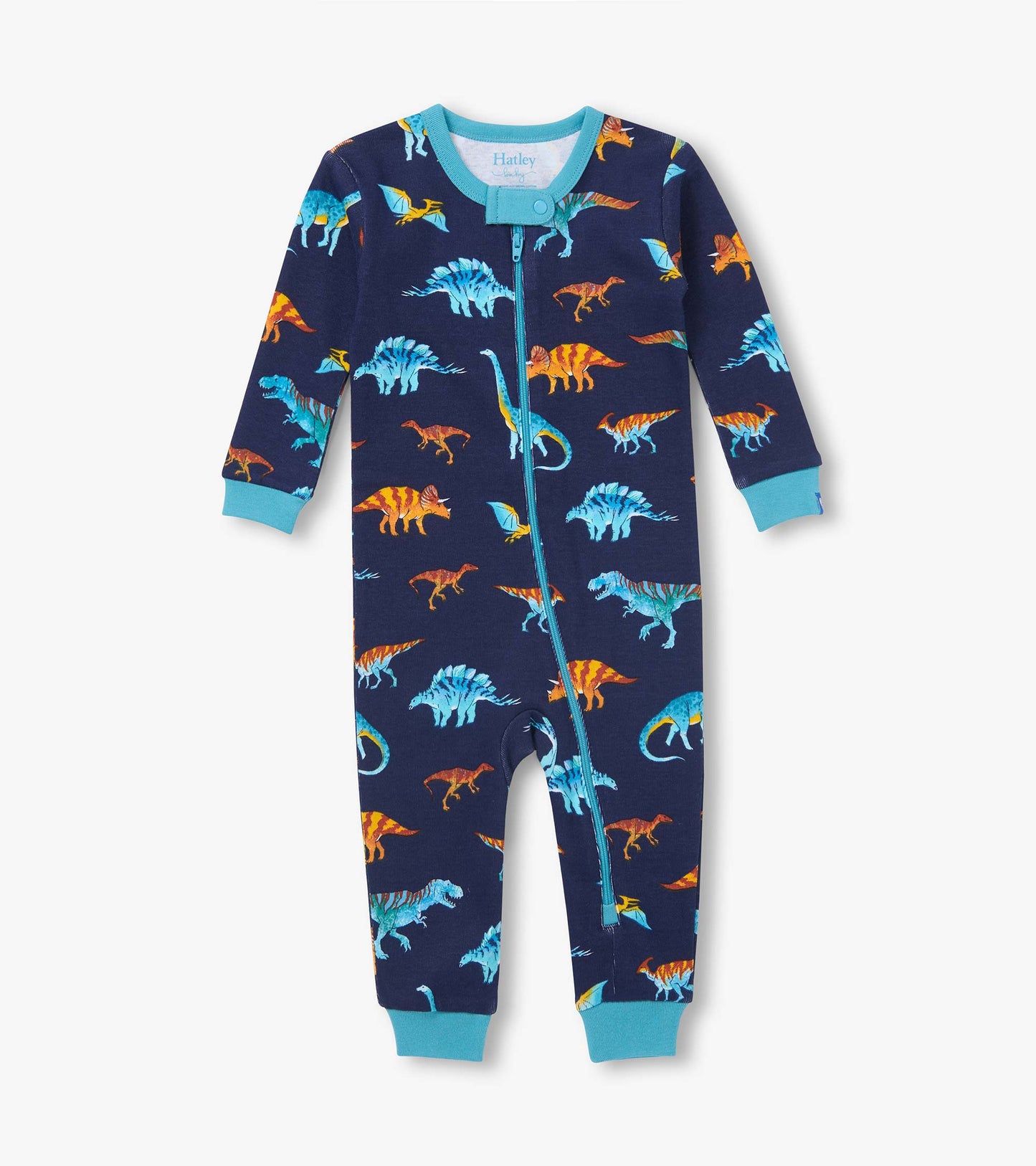 Front view of navy dinosaur print coverall with teal trim, cuffs, and ankle-to-neck zipper