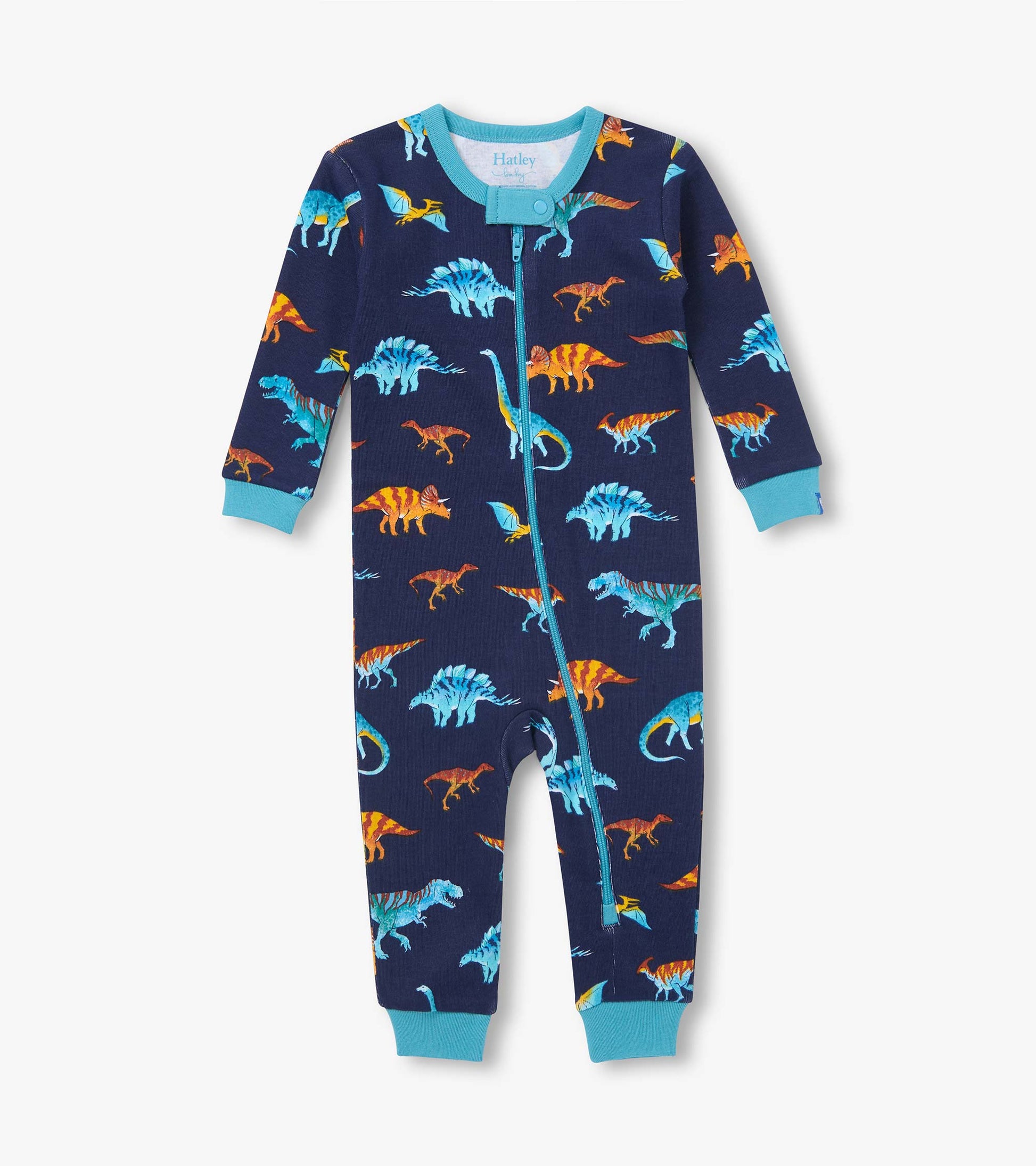 Front view of navy dinosaur print coverall with teal trim, cuffs, and ankle-to-neck zipper