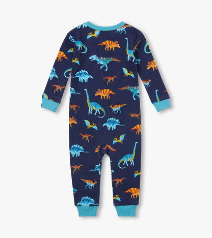 Back view of navy dinosaur print coverall with teal neckline, cuffs, and ankle cuffs