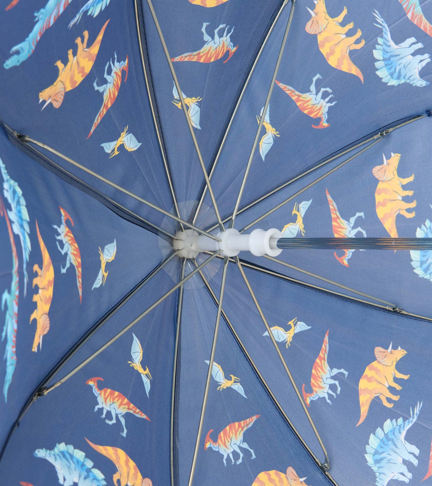 Interior view of navy dinosaur print umbrella showing metal ribs and white runner