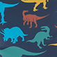 Blue fabric with animal silhouettes, including a dinosaur, elephant, deer, crocodile, and bird