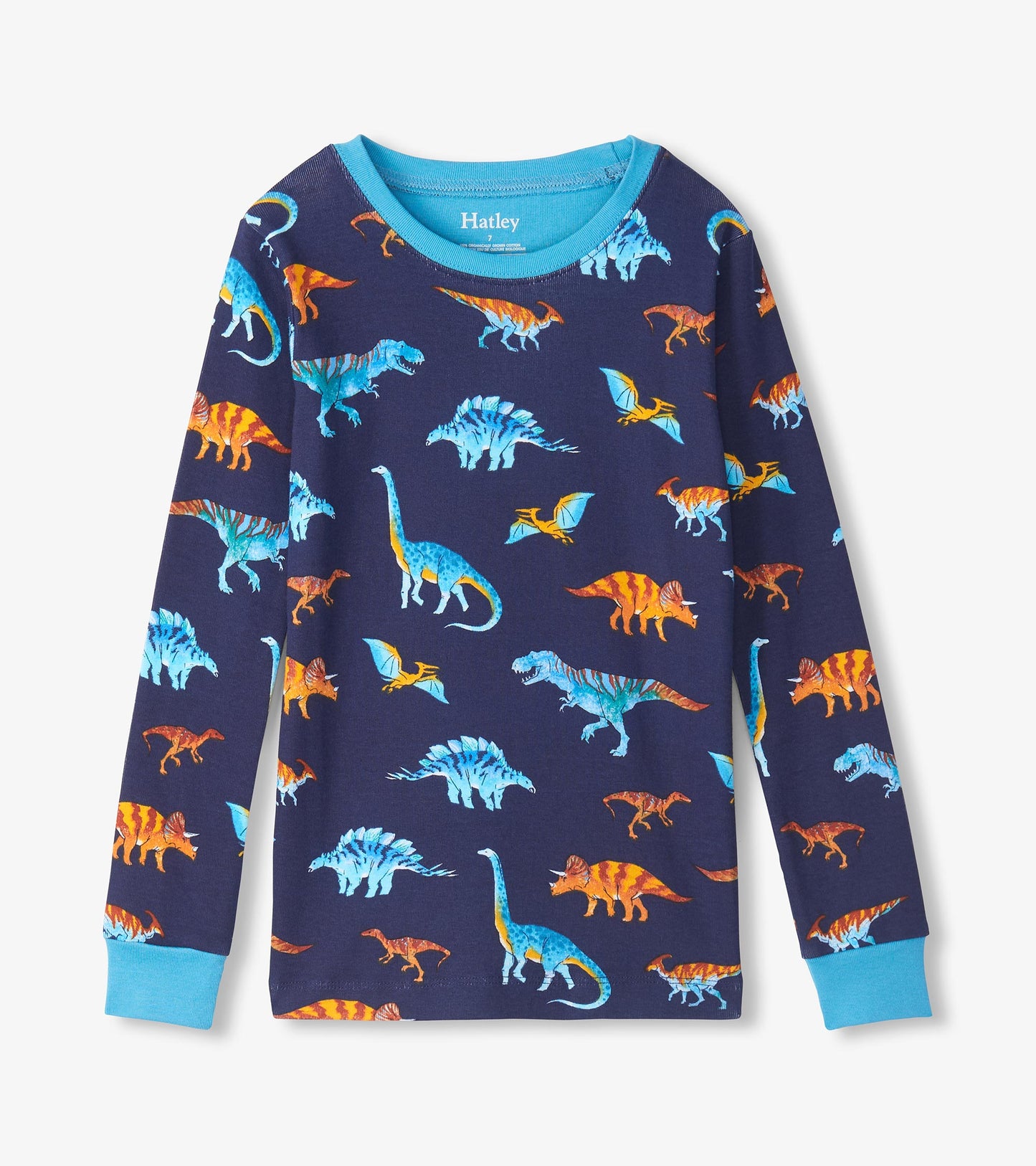 Long-sleeve navy pajama top with colorful dinosaur print and teal neckline and cuffs