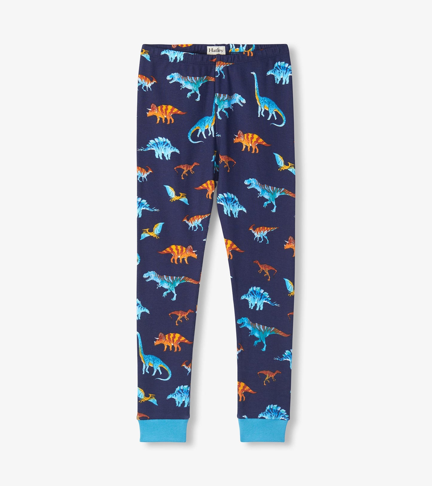 Navy pajama pants with colorful dinosaur print and teal ankle cuffs