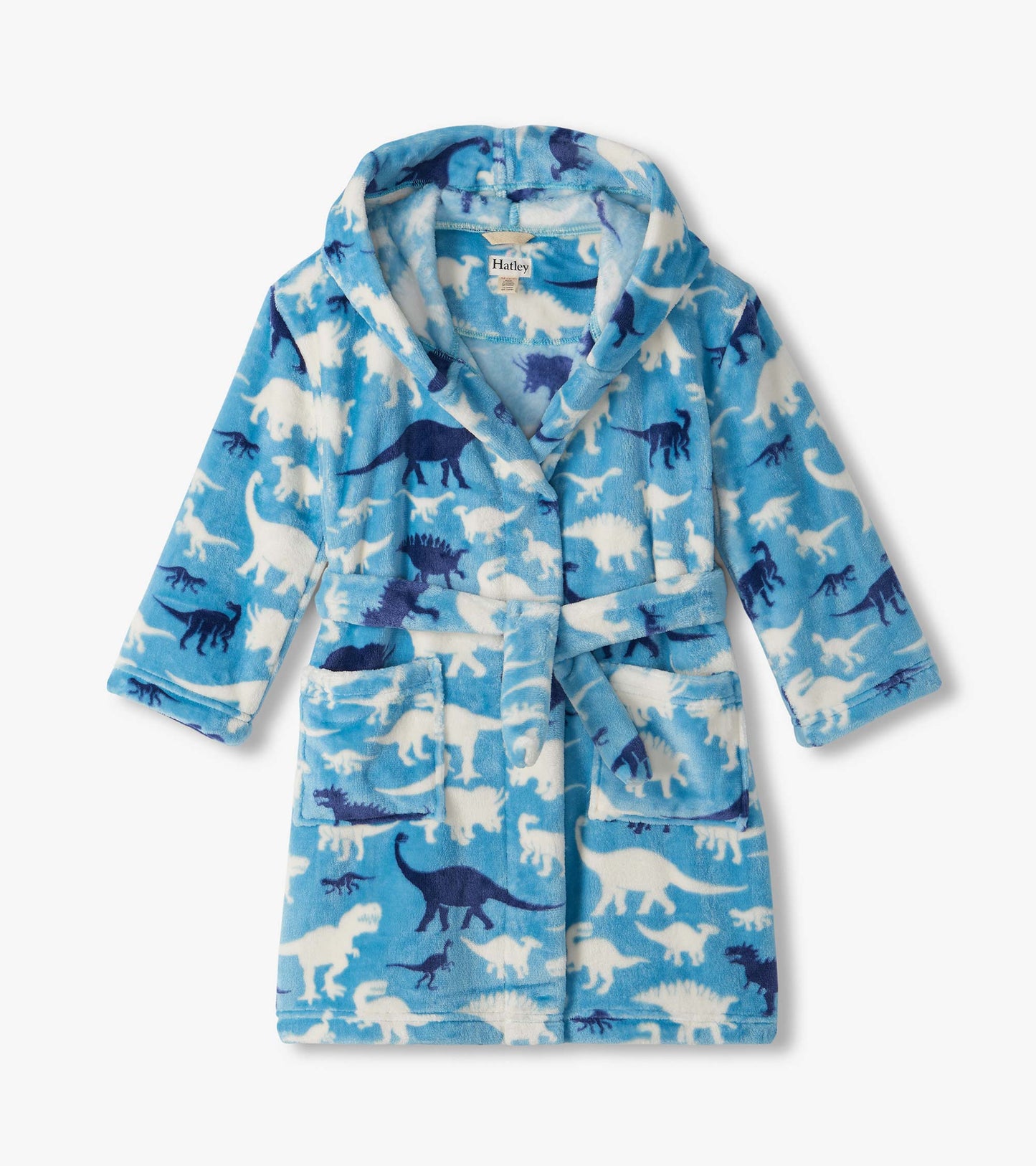 Front view of bright blue boys robe with hood, tie belt, patch pockets, and white and navy dinosaur print