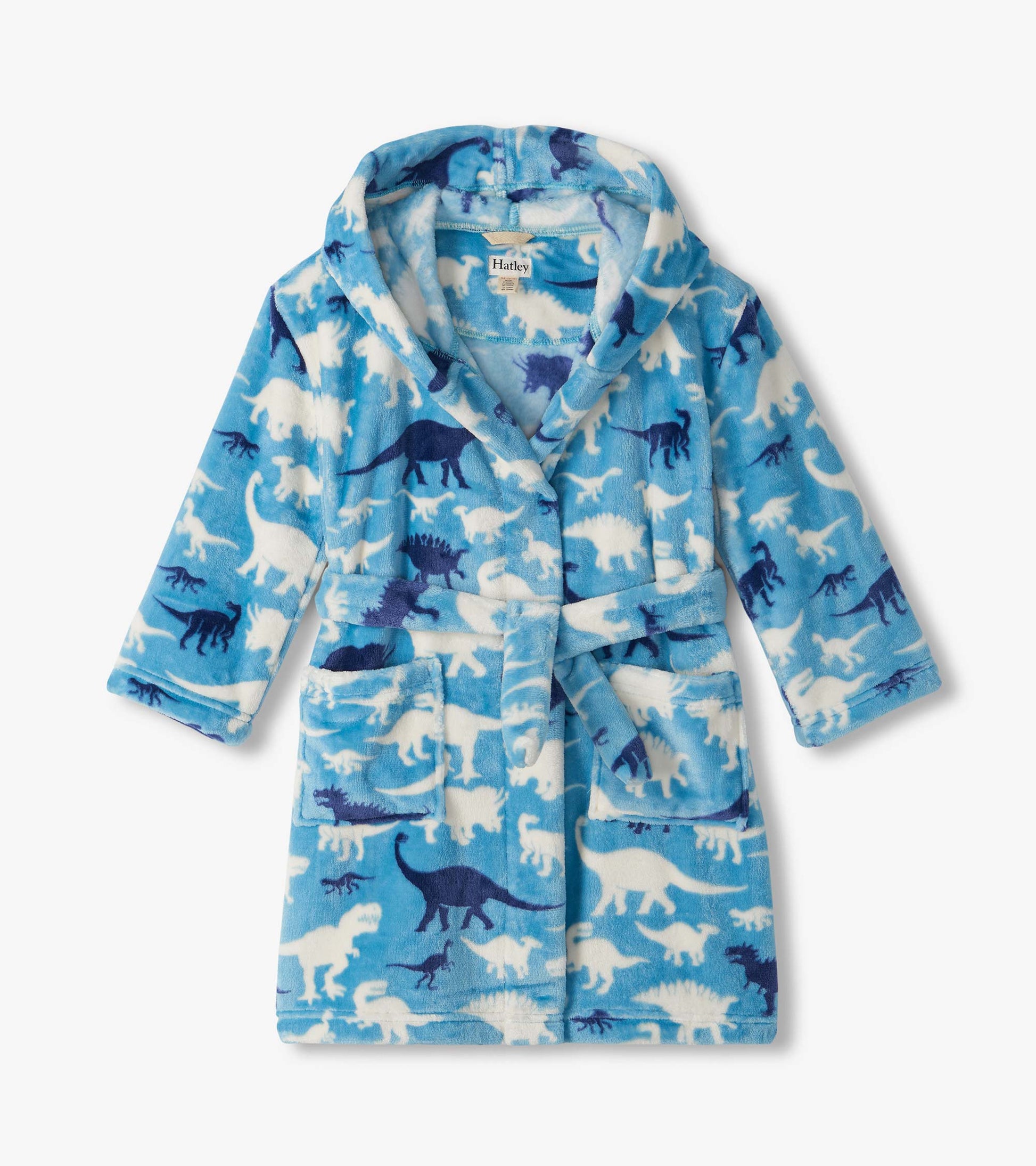 Front view of bright blue boys robe with hood, tie belt, patch pockets, and white and navy dinosaur print