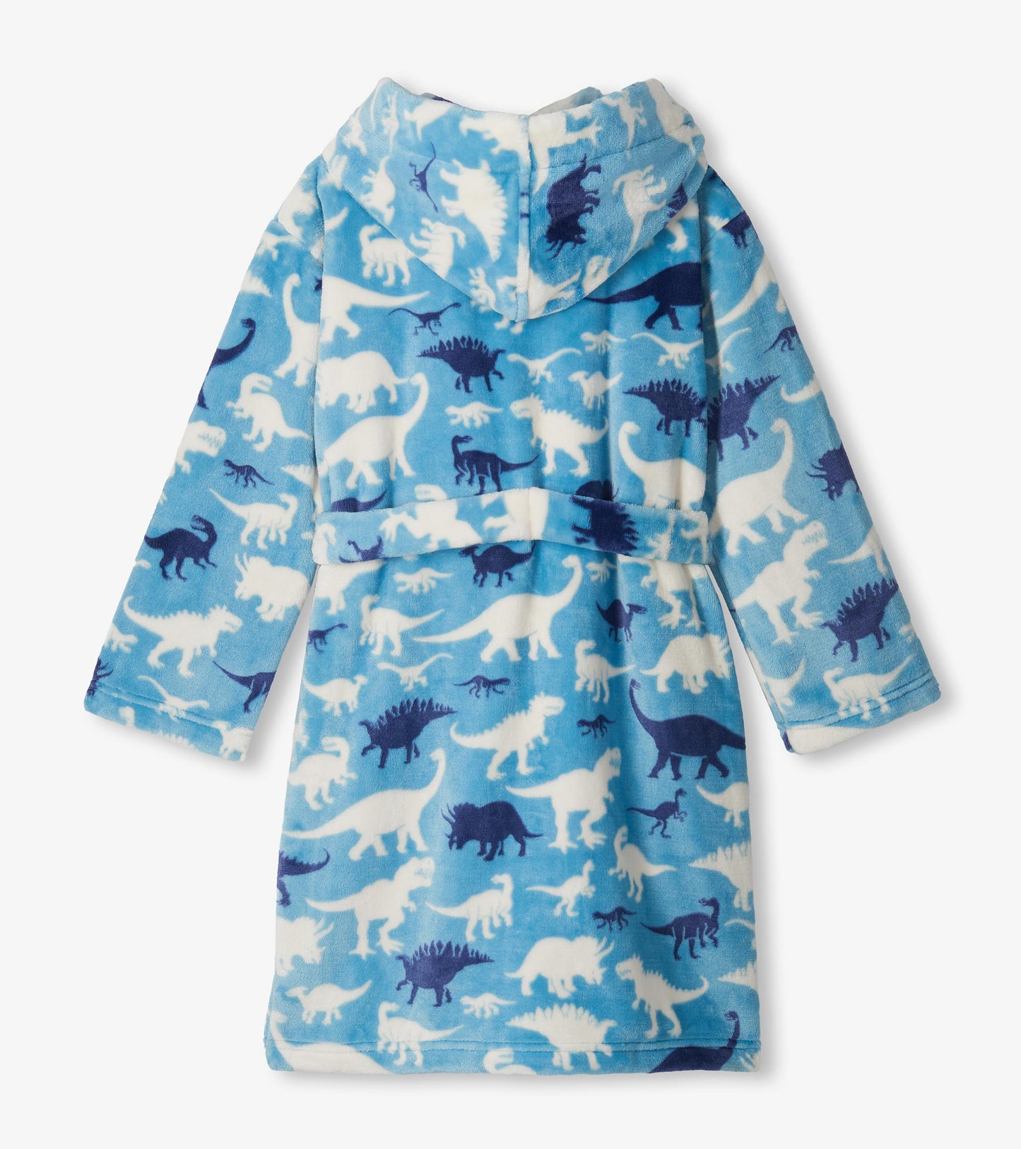 Back view of bright blue boys hooded robe with white and navy dinosaur silhouette print