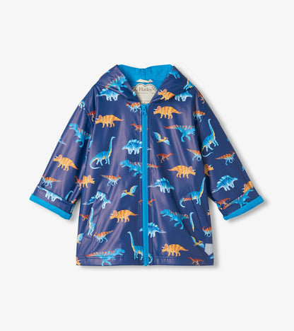 Front view of kids navy hooded rain coat with blue zip and colorful dinosaur print