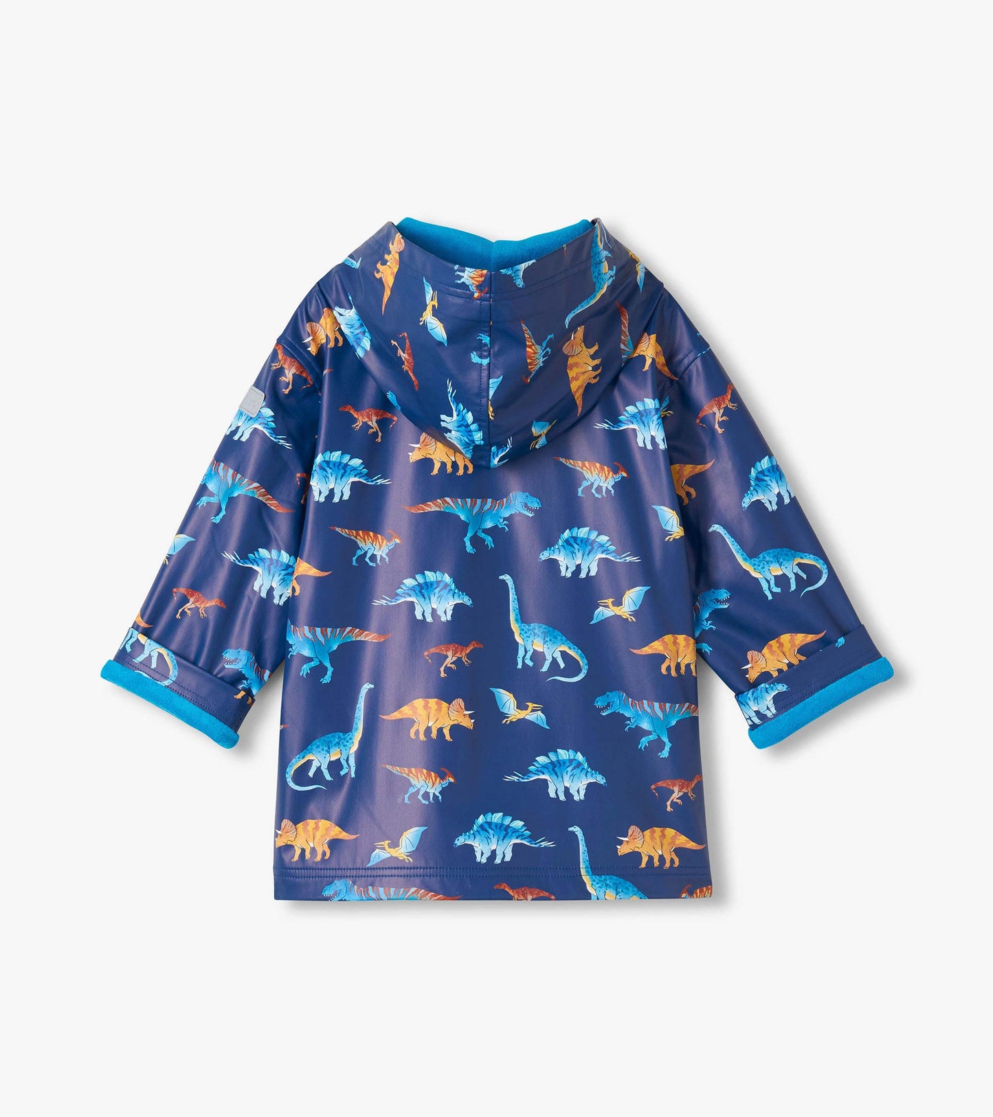 Back view of kids navy hooded rain coat with colorful dinosaur print and blue lining