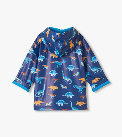 Back view of kids navy hooded rain coat with colorful dinosaur print and blue lining
