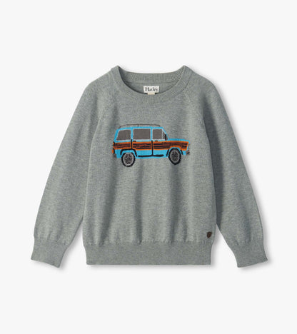 Heather grey crew neck sweater with raglan sleeves and a blue vintage truck graphic on the front