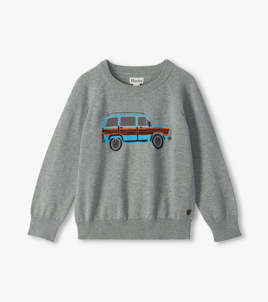 Gray crew neck sweater with a blue vintage truck graphic on the front