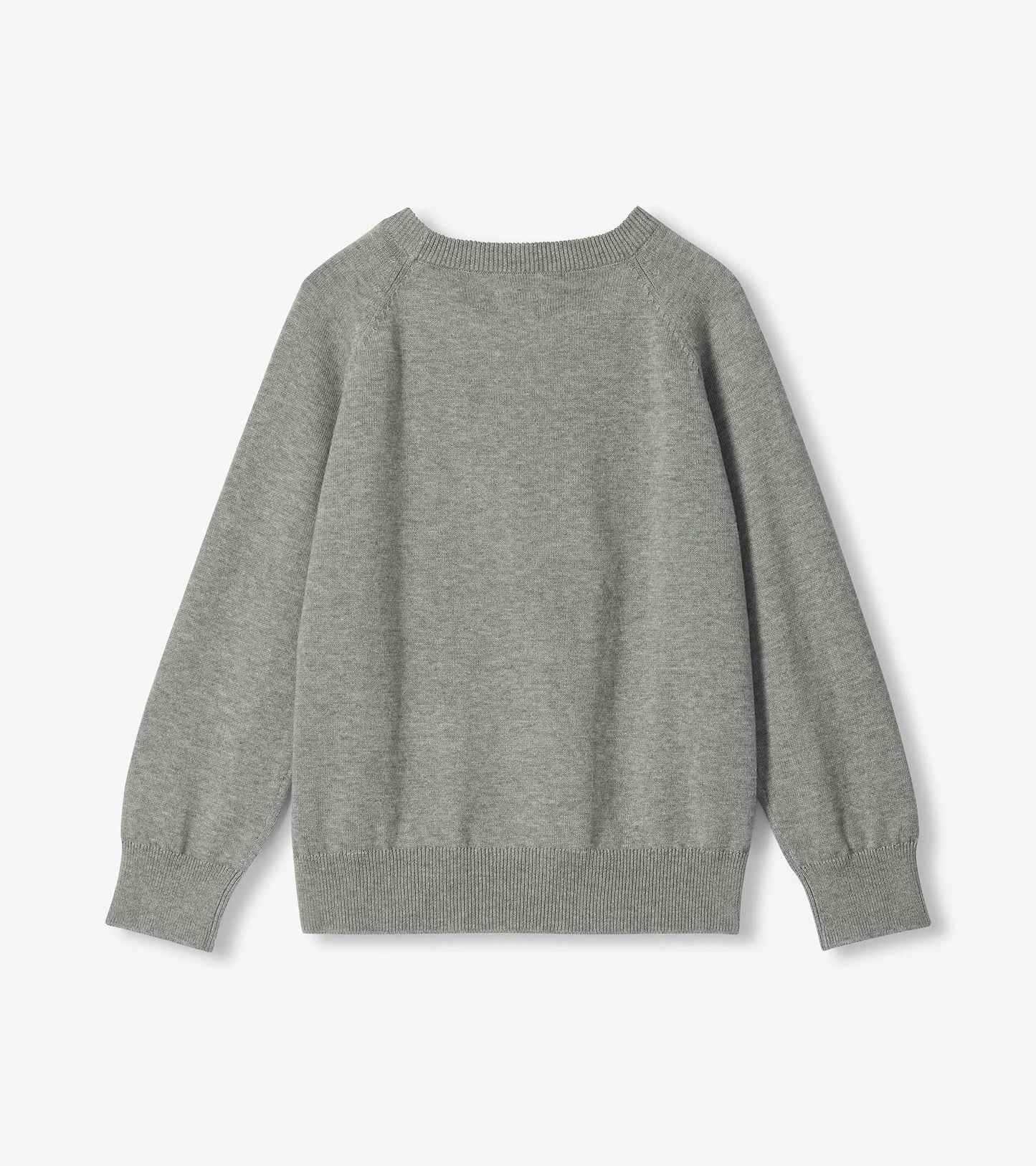 Back view of heather grey crew neck sweater with raglan sleeves and ribbed hem and cuffs