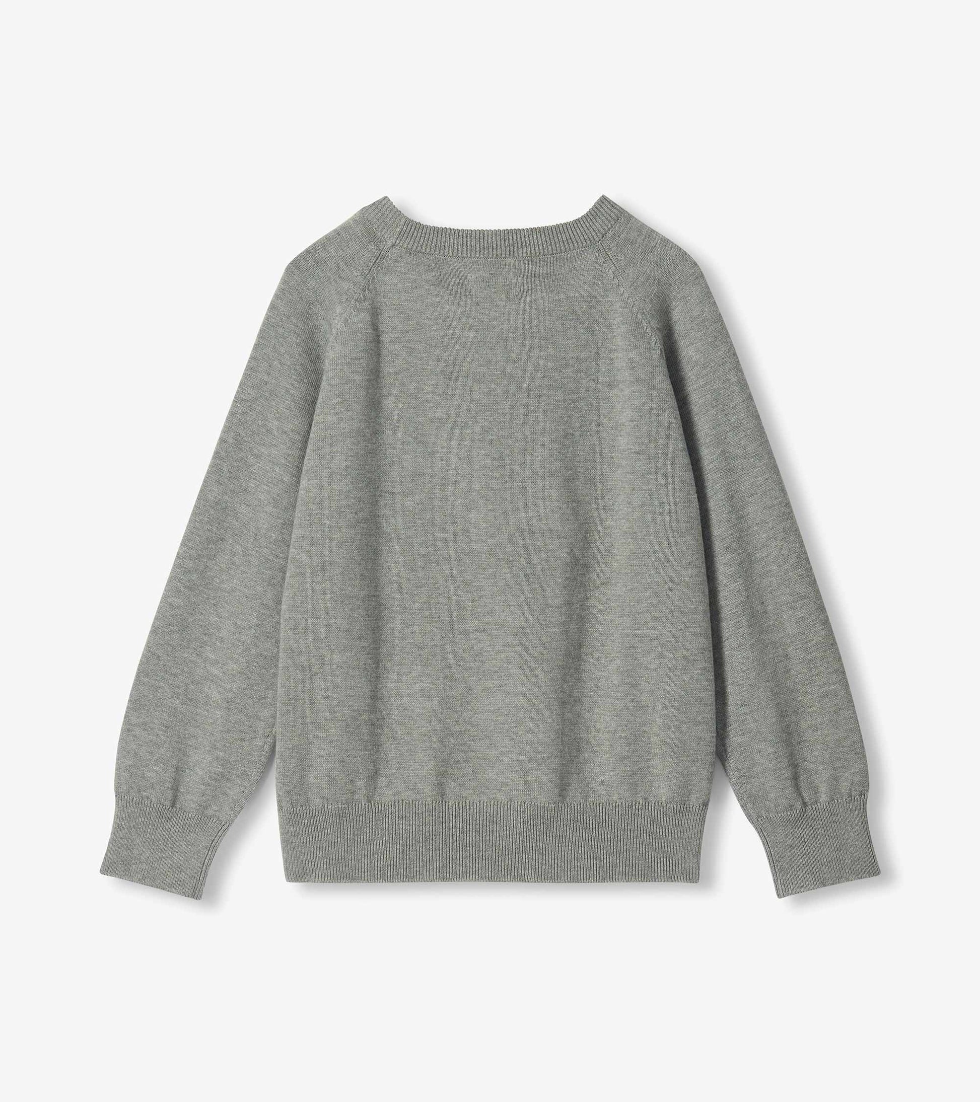 Back view of heather grey crew neck sweater with raglan sleeves and ribbed hem and cuffs