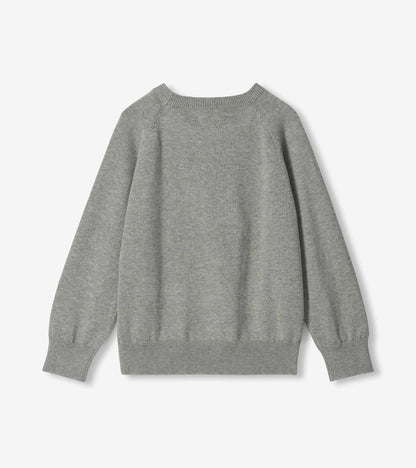 Back view of heather grey crew neck sweater with raglan sleeves and ribbed hem and cuffs