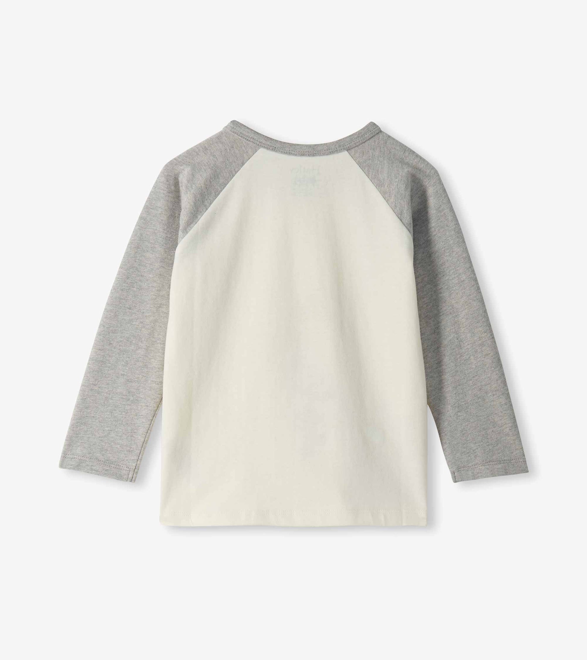 Back of boys cream raglan T-shirt with heather gray long sleeves
