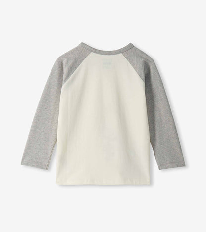 Back of boys cream raglan T-shirt with heather gray long sleeves
