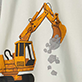 Yellow excavator with claw arm dropping gray rocks