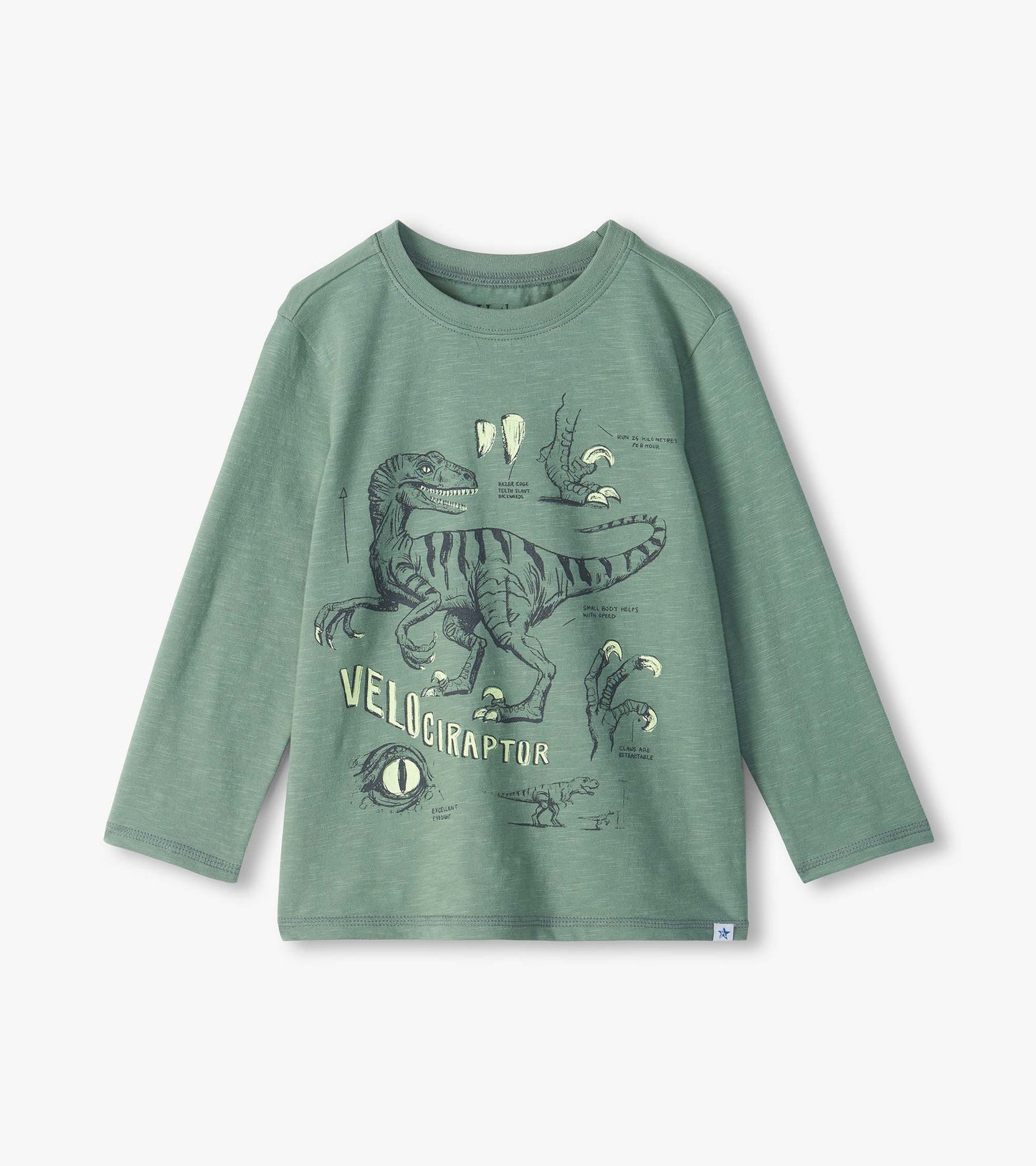 Green long sleeve crew neck tee with velociraptor graphic and dinosaur sketch details on the front