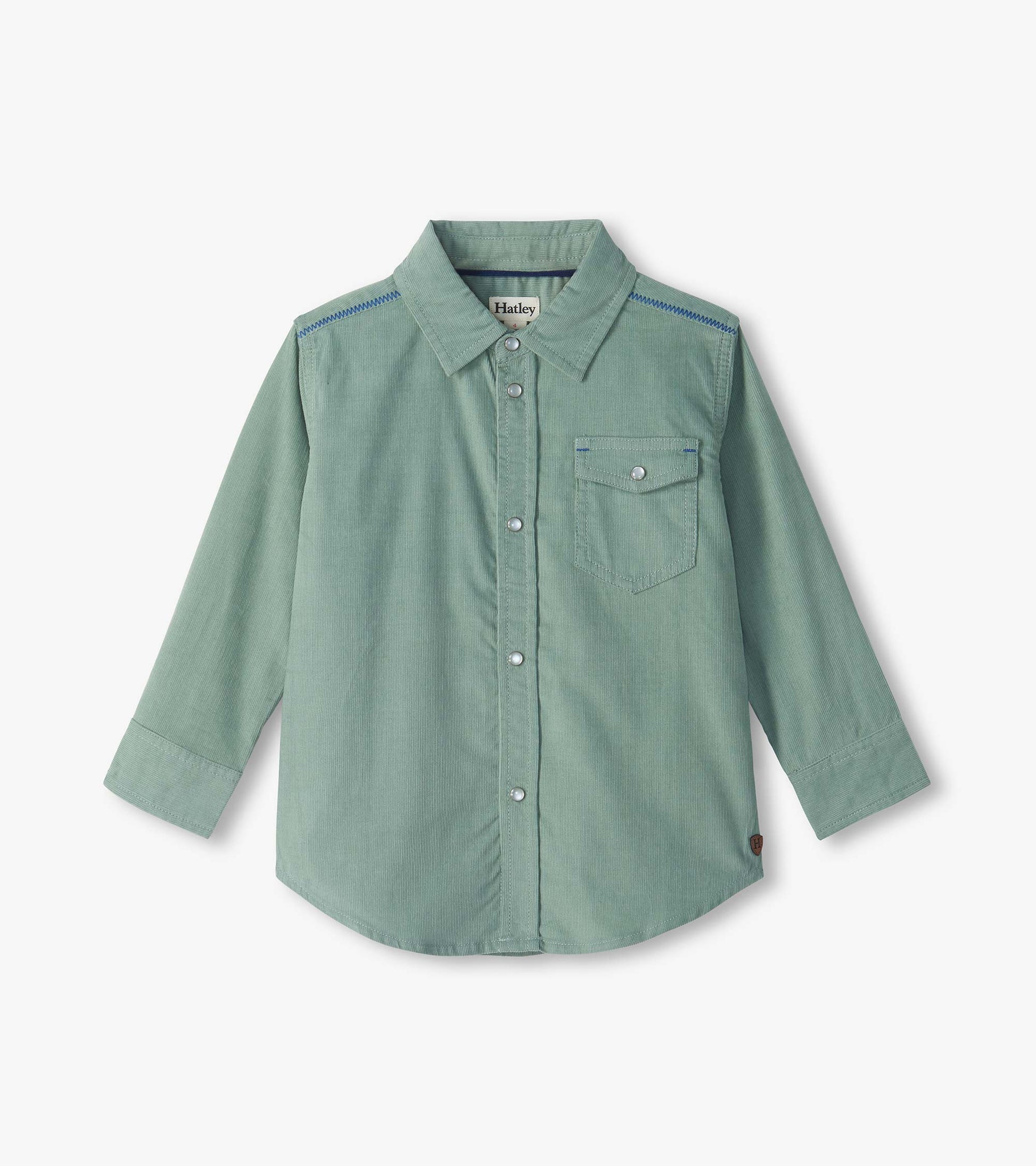 Boys green button-down shirt with collar, snap front, flap chest pocket, and blue shoulder stitching
