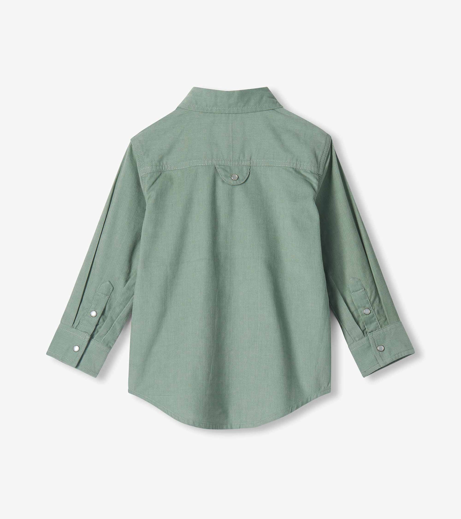 Back view of boys green long sleeve shirt with back yoke, curved hem, and snap cuff tabs