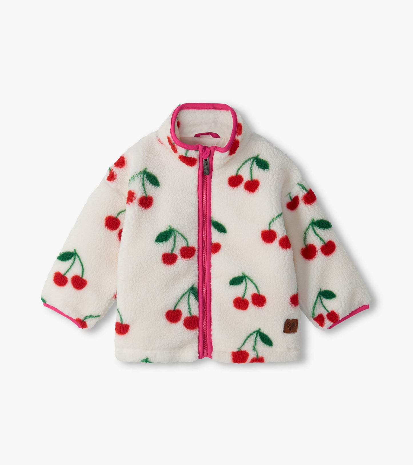 Infant white mock neck zip jacket with red cherry print, green stems, and bright pink trim