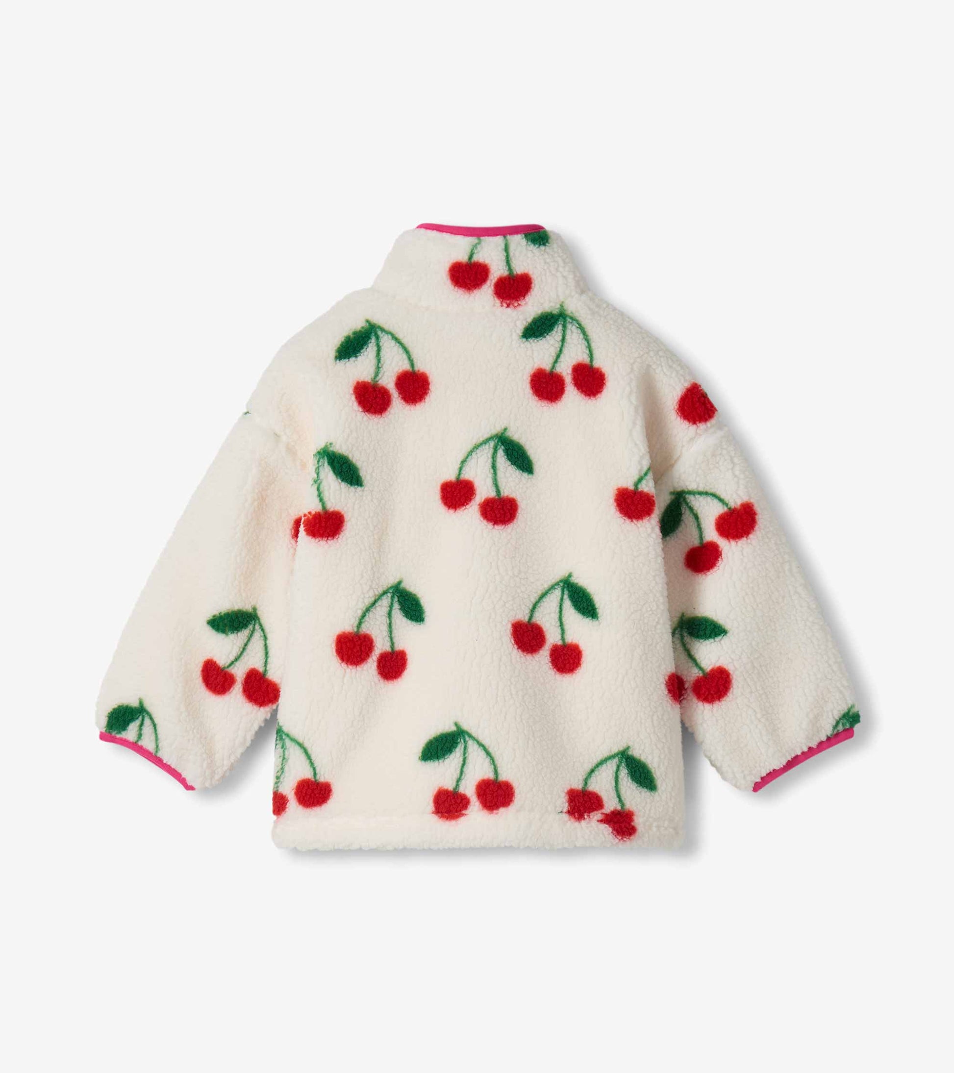 Back view of cream sherpa jacket with allover red cherry print and pink collar trim