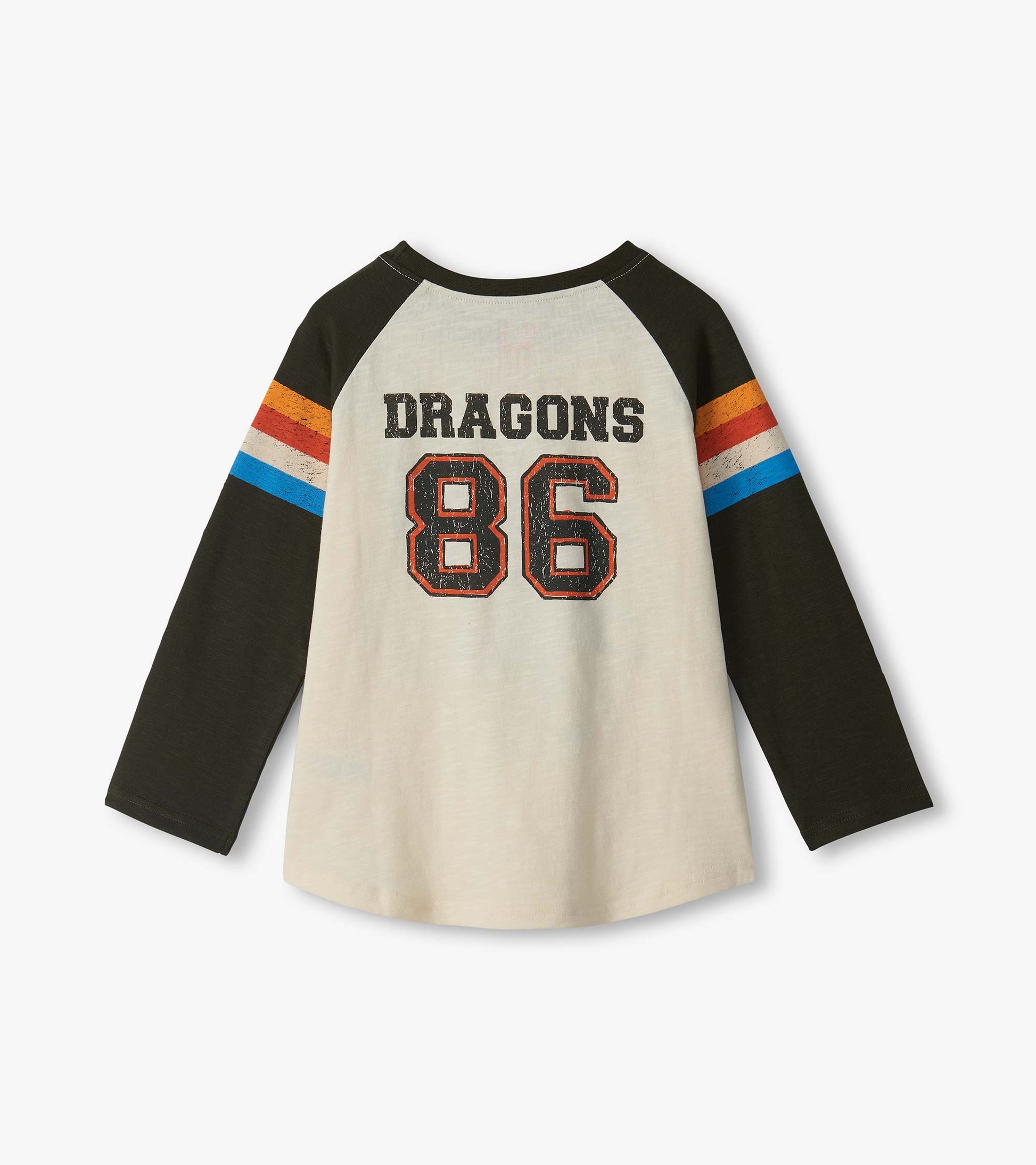 Back of kids raglan tee with cream body, black sleeves, striped arms, and Dragons 86 text