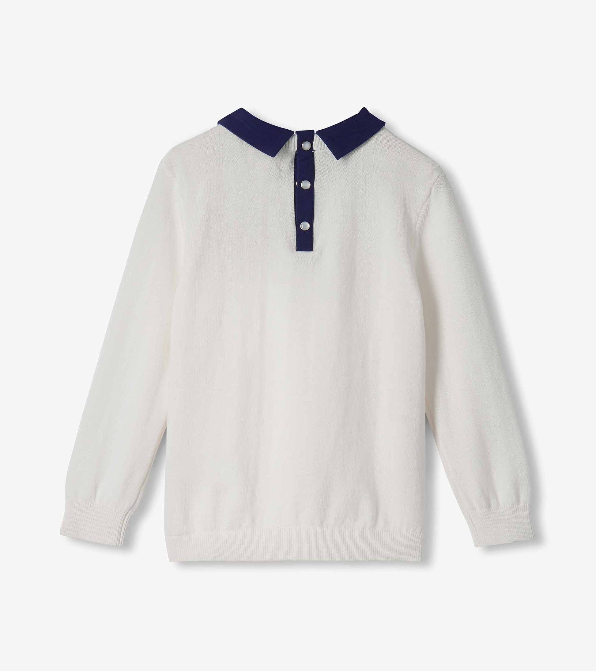 Back view of cream girls sweater with navy collar and three-button snap placket