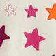 Four glittery star shapes in pink, orange, and purple on a white background