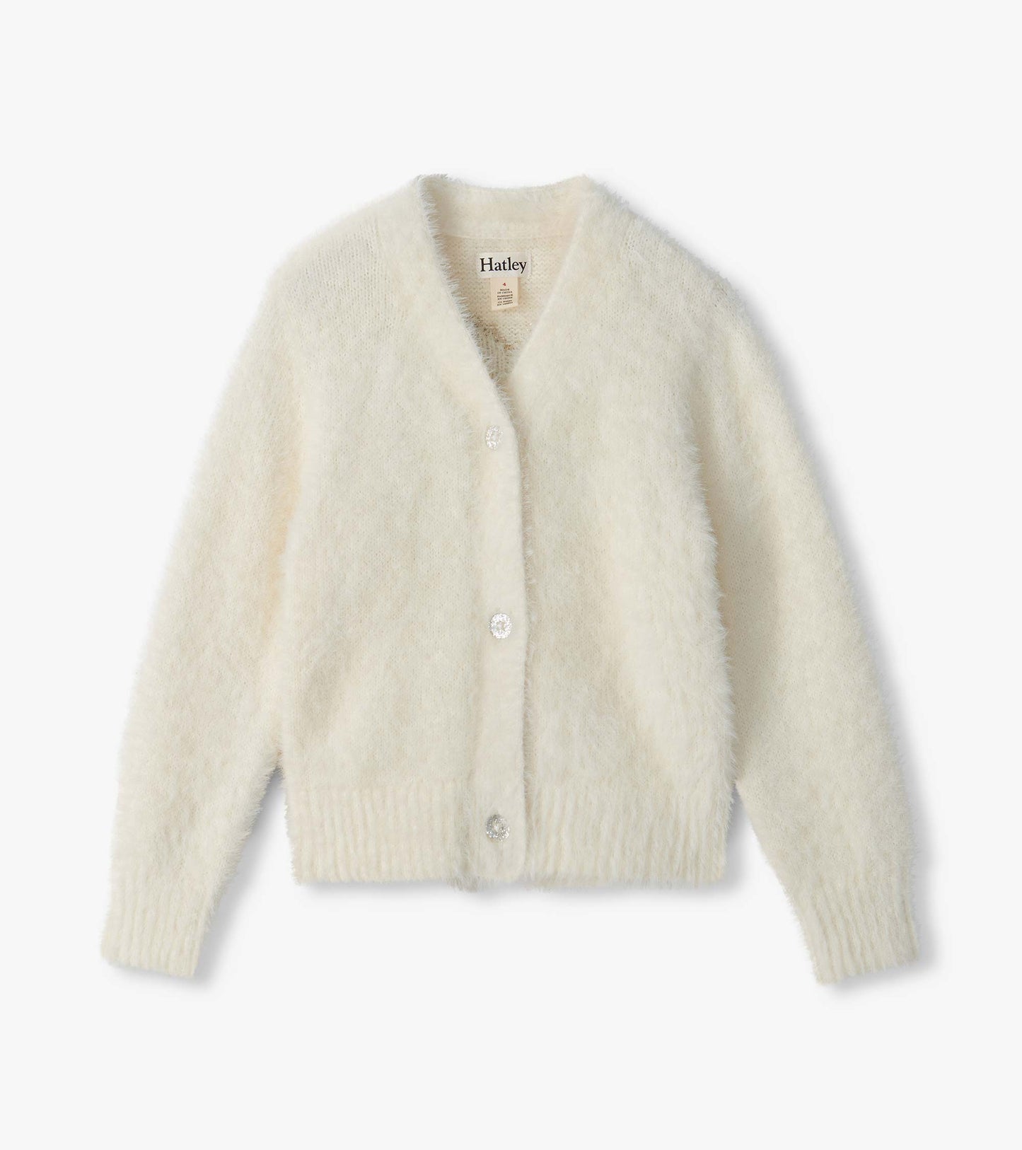 Front view of cream fuzzy cropped cardigan with round neck, ribbed hem and cuffs, and sparkly front buttons