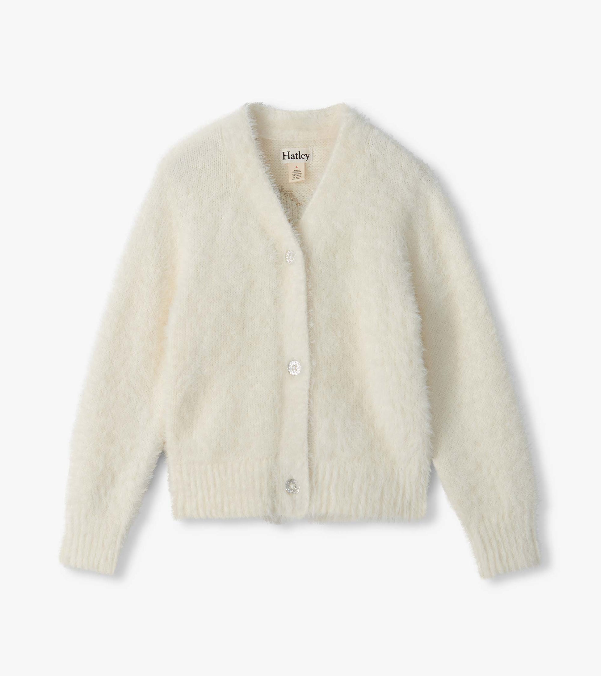 Front view of cream fuzzy cropped cardigan with round neck, ribbed hem and cuffs, and sparkly front buttons