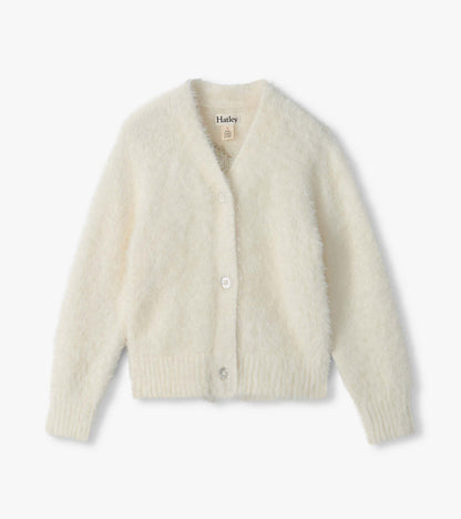 Front view of cream fuzzy cropped cardigan with round neck, ribbed hem and cuffs, and sparkly front buttons