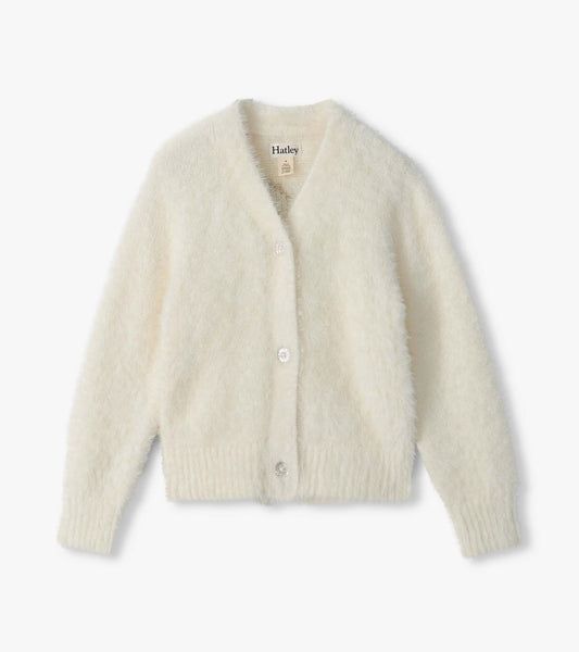 Front view of cream fuzzy cropped cardigan with round neck, ribbed hem and cuffs, and sparkly front buttons