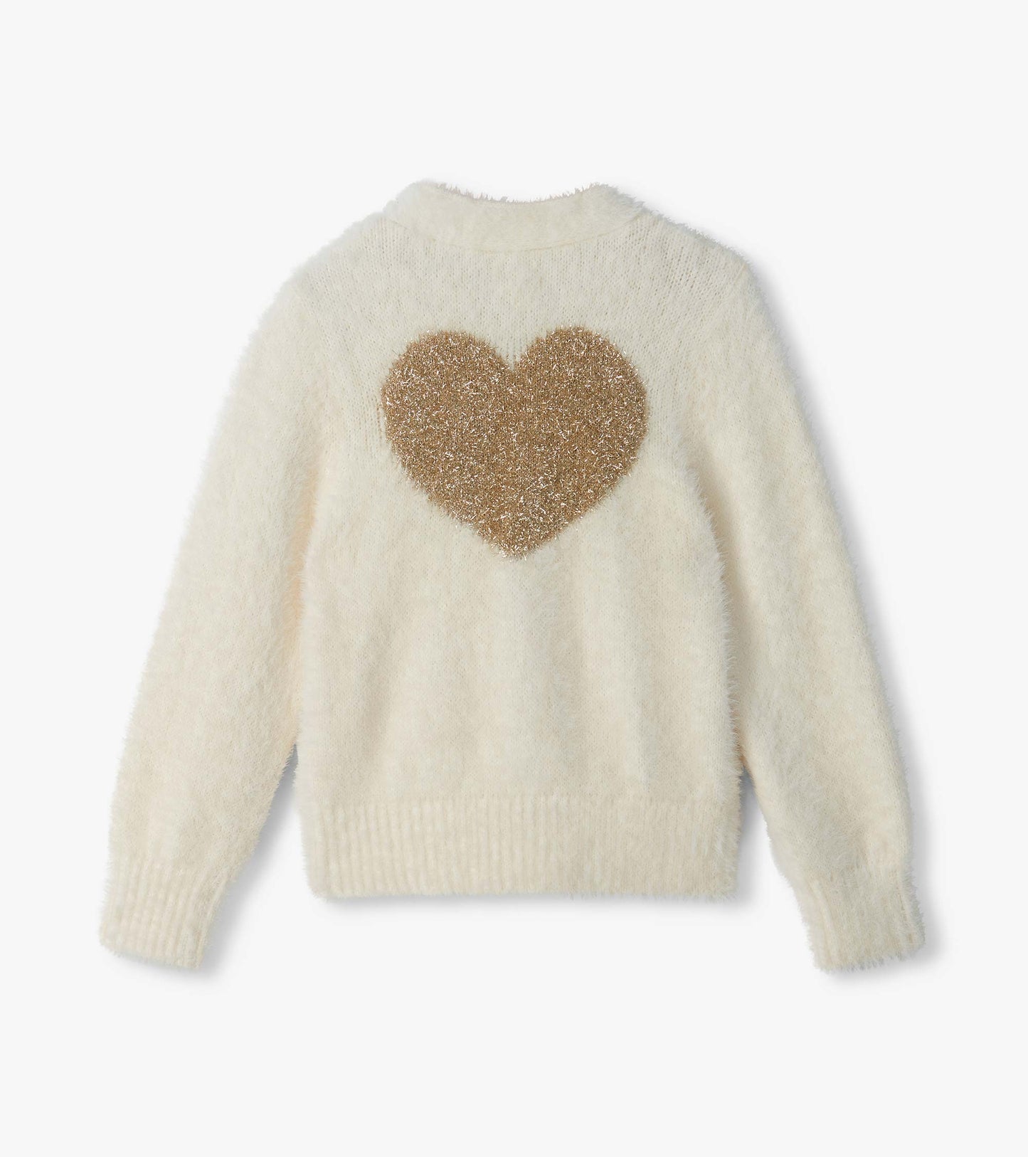Back view of cream fuzzy cropped cardigan with a large glittery gold heart centered on the back