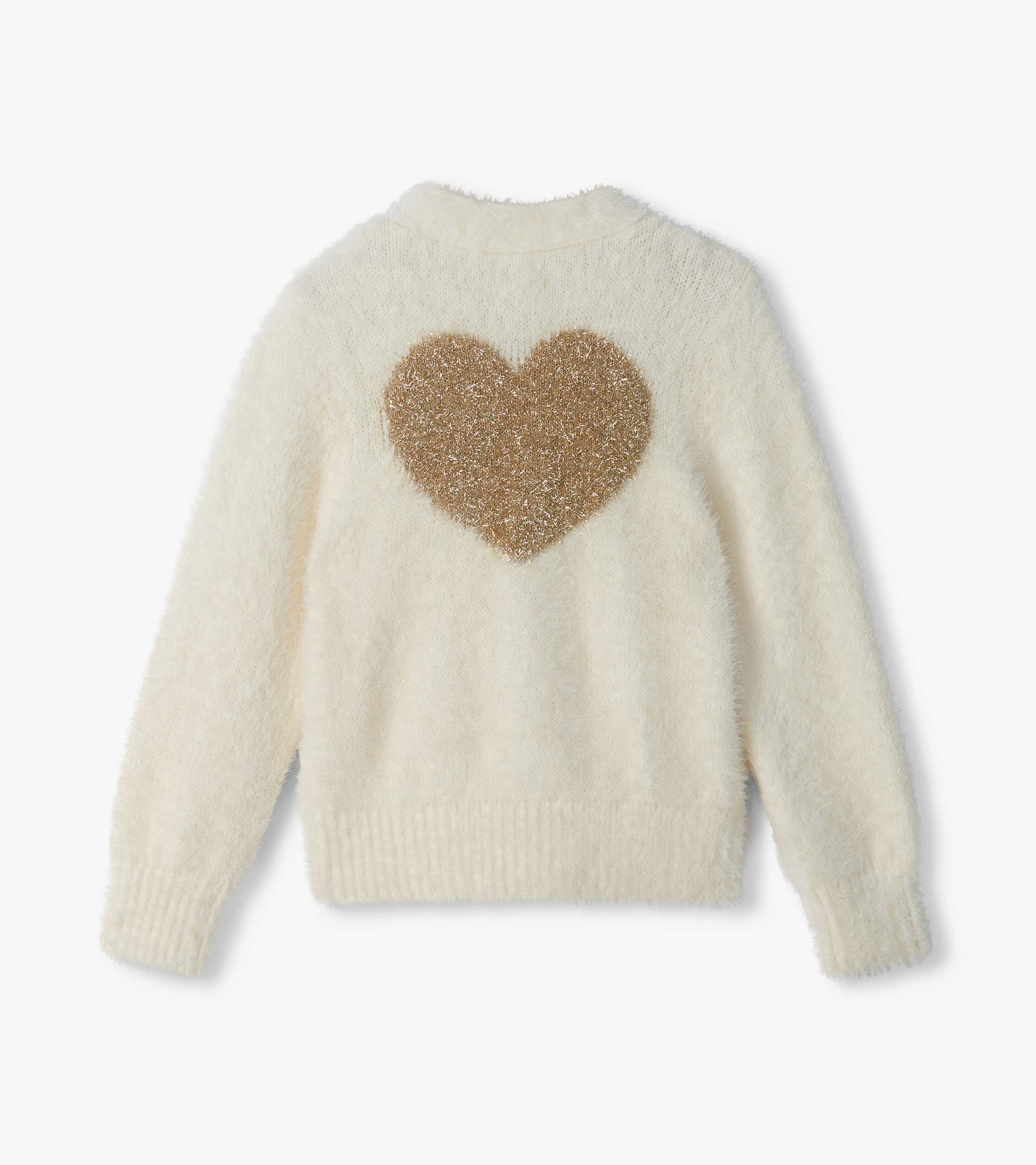 Back view of cream fuzzy cropped cardigan with a large glittery gold heart centered on the back